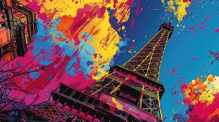 Abstract art with vibrant colors depicting the Eiffel Tower. A colorful and artistic interpretation of Paris.