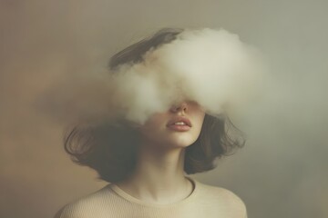 A woman's face is covered in mist, representing the concept of mental fog and unclear thoughts.