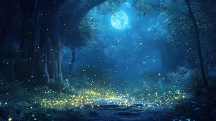 Gardinen Zauberwald Enchanted Forest Path with Fireflies and Full Moon at Night.  © ProStockGallery