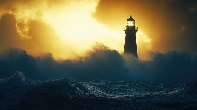 Lighthouse Standing Tall Amidst a Stormy Sea at Sunset.