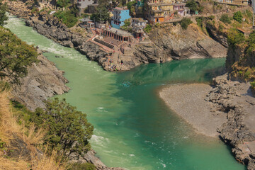 Bhagirathi river from left side and Alakananda river with turquoise blue colour from right side...