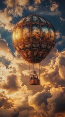 Obraz premium Ornate Hot Air Balloon Soaring Through Golden Clouds at Sunset.