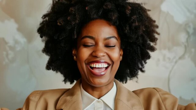 A joyful individual exudes confidence and excitement, raising their arms triumphantly in a stylish, contemporary setting filled with artistic flair