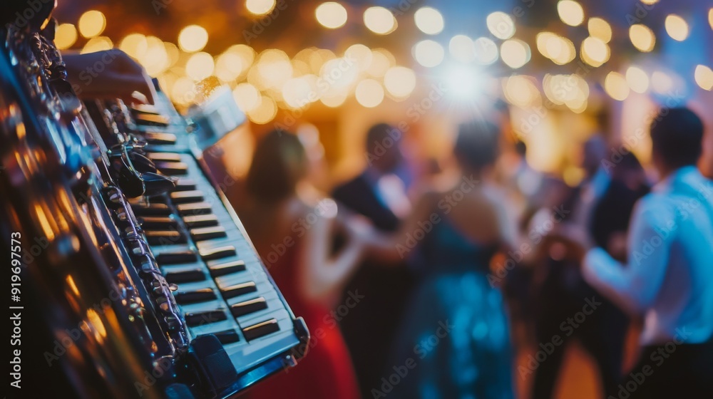 Poster an accordionist performs lively music while guests dance joyfully under twinkling lights at a vibran