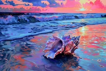 Seashell on a beach at sunset, colorful, abstract painting.