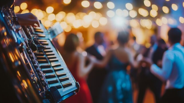 An accordionist performs lively music while guests dance joyfully under twinkling lights at a vibrant evening gathering.