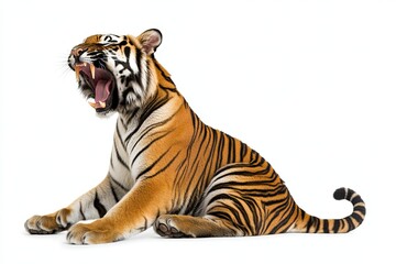 Fototapeta premium Tiger sitting and roaring isolated on a white background