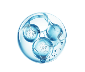 Molecules inside bubbles on blue background Collagen serum bubble
