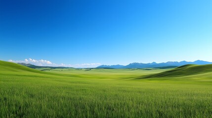 Obraz premium A vast, open meadow under a clear blue sky, with bright natural daylight highlighting the vivid colors of the grass and the purity of the sky