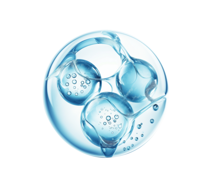 Molecules inside bubbles on blue background Collagen serum bubble
