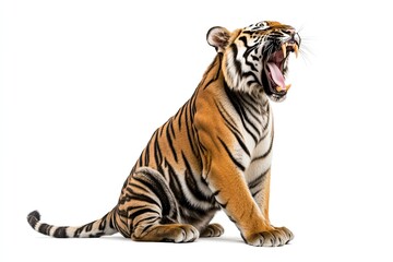 Fototapeta premium Tiger sitting and roaring isolated on a white background