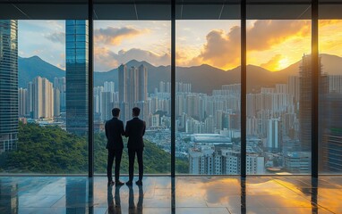 Fototapeta premium Two men are standing in front of a window looking out at the city
