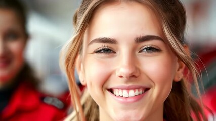 Two enthusiastic women in red uniforms engage with customers and share their passion for automotive service and teamwork at a bustling center