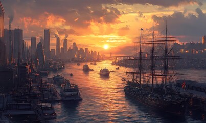 Naklejka premium Bustling Harbor at Sunset with Docked Ships and City Skyline