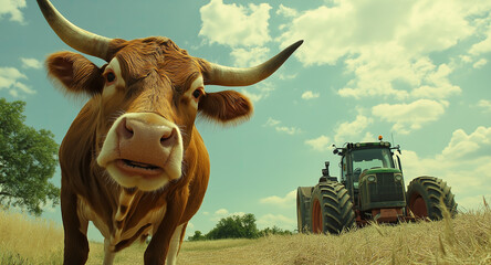 Curious cow stares at tractor in rural field. ..