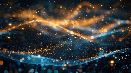 Abstract background with blue and orange glowing particles and waves. Perfect for technology, science, and futuristic themes.