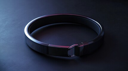 Close-up of a black circular bracelet with a clasp on a dark background.