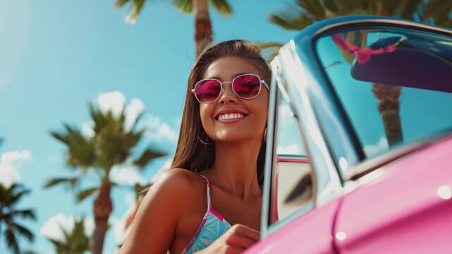A smiling young woman sits in convertible car, surrounded by palm trees under bright blue skies on a warm day