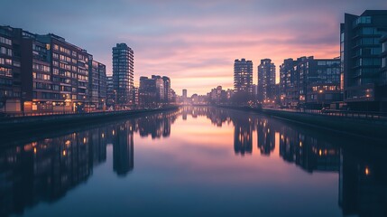 Fototapeta premium Cityscape Reflections in a Still River at Dawn
