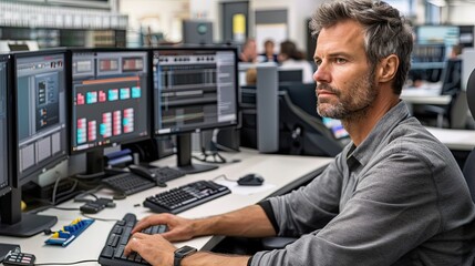 A programmer at work in front of a burning monitor. A male trader at work on a computer. Operational data analysis. Design for banner, flyer, poster, cover or brochure.