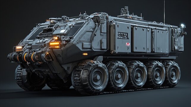 Futuristic military vehicle with a large cargo area and six large wheels, rendered in 3D.