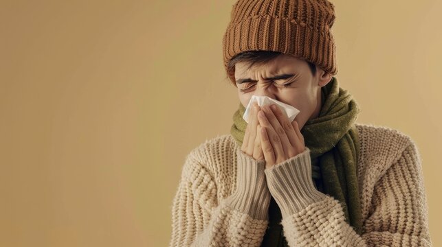 The man sneezing with tissue