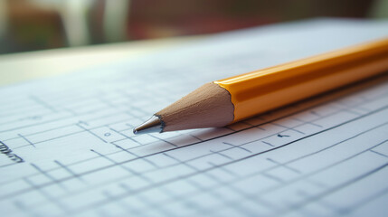 Detailed close-up of a pencil on a document, notebook, sheet of paper 