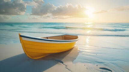Naklejka premium Golden Boat on the Beach at Sunset