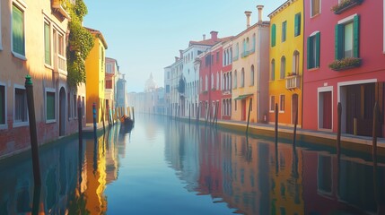 Fototapeta premium Exploring the picturesque canals and colorful buildings in Venice during a serene morning fog