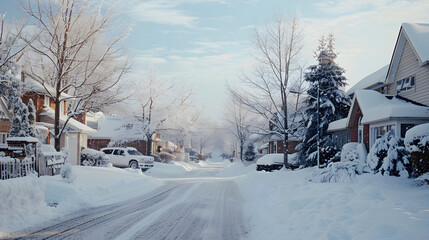 Fototapeta premium Cars on road with houses in city at winter.