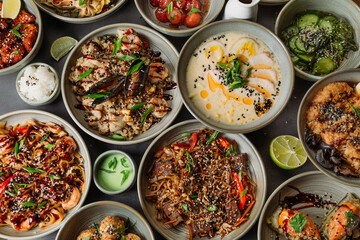 Bowls filled with various asian dishes presenting a culinary delights from japanese cuisine