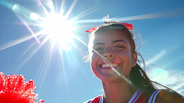 A young cheerleader beams with joy, holding a bright red pom-pom, enjoying the sunny atmosphere and the thrill of athletic spirit