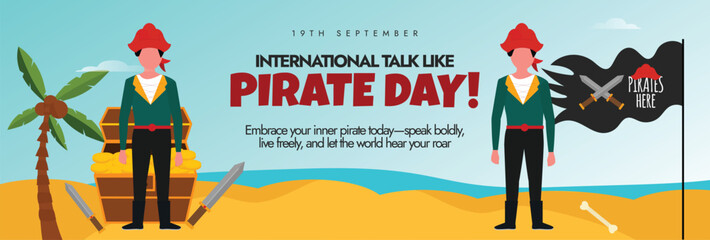 International Talk like Pirate day. 19th September Pirate day cover banner, post with two pirates in its costume, its flag, treasure chest. It is the day when everyone should talk like a pirate.