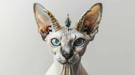 A Sphynx Cat with a Golden Horn Crown