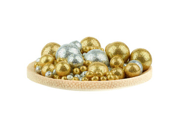 Close up of wooden plate with rice balls topping for dessert decoration.