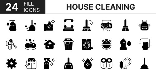 Collection of 24 house cleaning fill icons featuring editable strokes. These outline icons depict various modes of house cleaning, laundered, washing, sweeping, wiping, floor, 