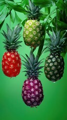Fototapeta premium Four colorful pineapples hanging on green leaves, with a green background.