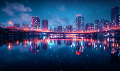 Obraz premium Vibrant Night City Lights Reflected in River Under Starry Sky
