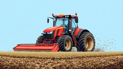 Fototapeta premium A red tractor harvesting crops in a golden field under a clear blue sky during the autumn season