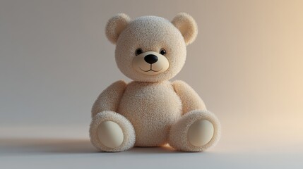 A beige teddy bear with fluffy fur sitting on a plain background, looking at the camera with a gentle smile.