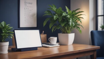 Modern Smartphone mockup on Elegant Wooden Desk with Navy Blue and Bold Yellow Color Scheme