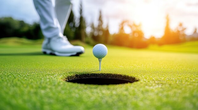 Close-up of a Golf Ball on a Tee Near the Hole on a Golf Course