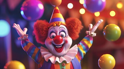 A cheerful cartoon clown juggling bright, colorful balls with a big smile, entertaining a crowd with playful energy and fun.