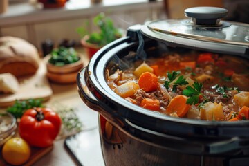 A slow cooker filled with a hearty stew, simmering away on the counter
