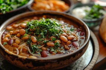 Ash Reshteh: A bowl of ash reshteh noodle soup with beans and herbs