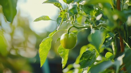 Green Pepper Growing on a Vine