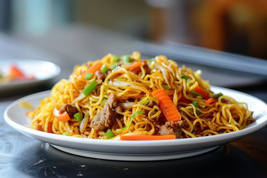 Pancit: A plate of stir-fried pancit noodles with vegetables and meat