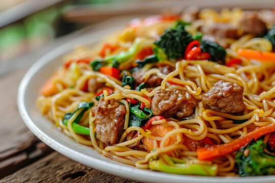 Pancit: A plate of stir-fried pancit noodles with vegetables and meat