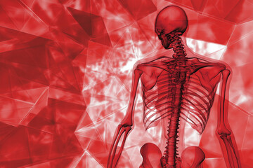 Transparent skeletal figure with red geometric background. ..