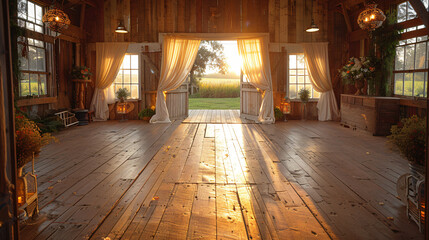 a rustic barn with a floral archway leading to a field, with rose petals scattered on the wooden floor.